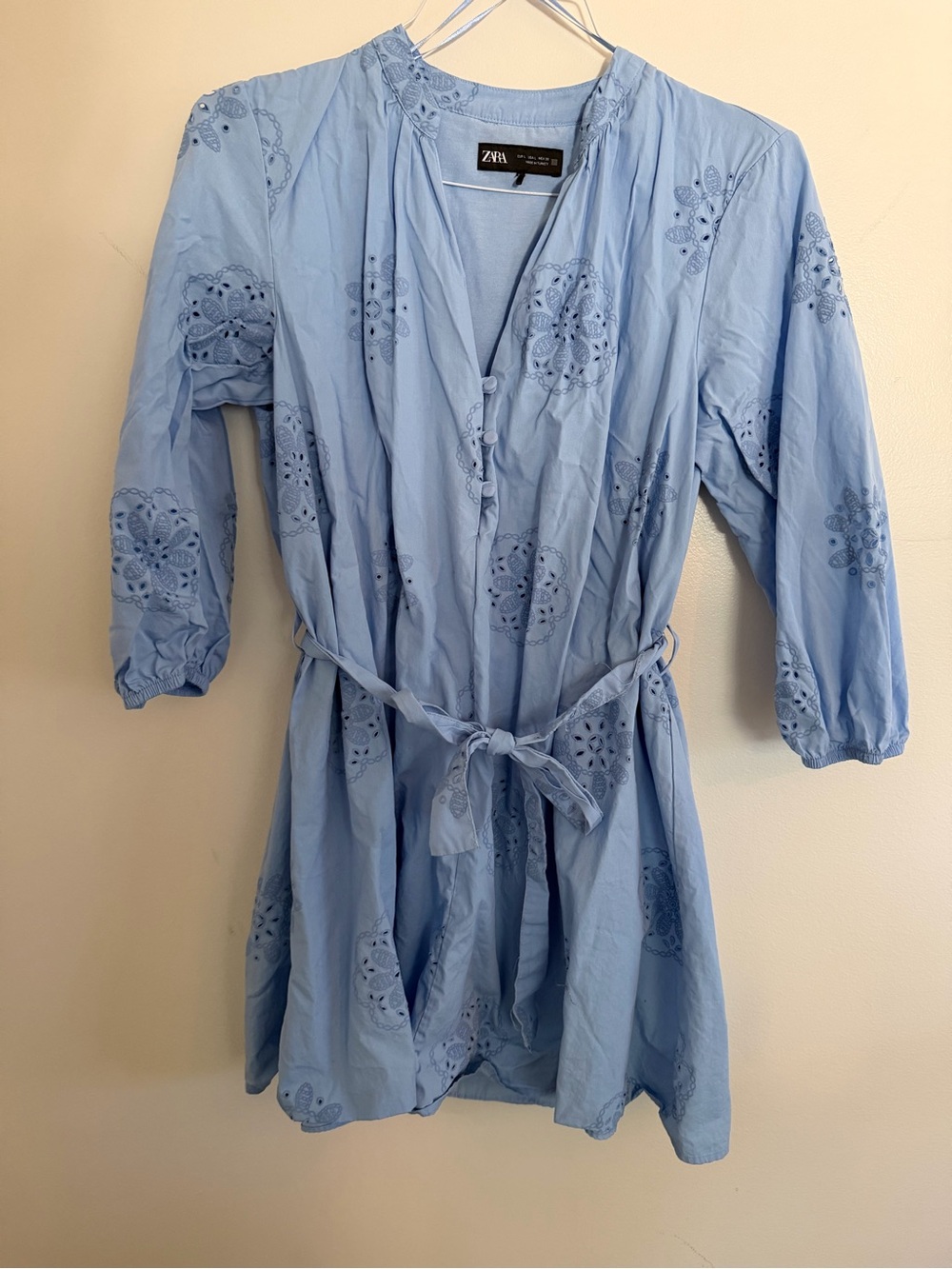 Zara Light Blue Embroidered Tie-Waist Dress